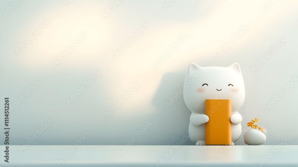 Poster endearing animated 3d rendered humanoid creature character steadfastly clutching an unprinted rectan