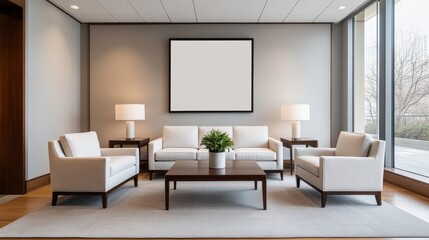 Fototapeta premium Modern and Minimalist Office Lounge with Stylish Furniture, Subtle Lighting, and Blank Wall for Custom Artwork in a Bright and Airy Environment