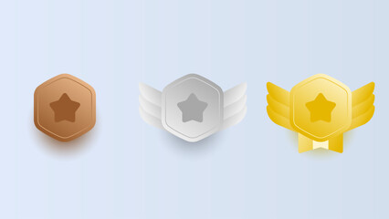 Game rank set medal level badge vector illustration. Cartoon vector metal bronze, silver and golden winged shields convey advancement, success and achievement