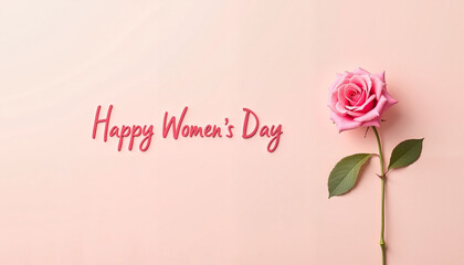Pink rose with a greeting for International Women's Day on a soft pink background