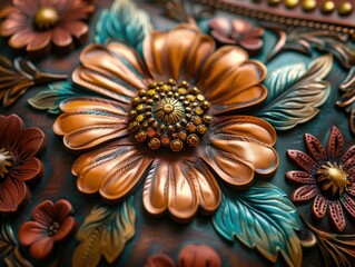 Intricate Leather Tooling Copper Teal Floral Design Craftsmanship Detail