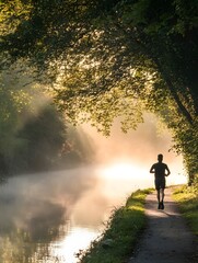 Fototapeta premium A man jogging along a quiet riverside path, with mist rising from the water and the soft glow of dawn
