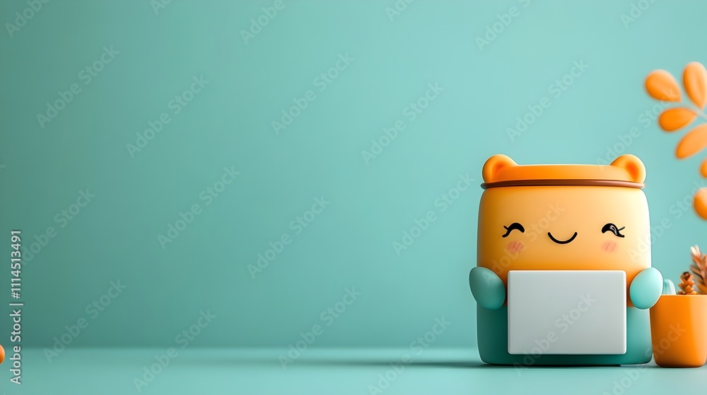 Poster cheerful and expressive cartoon character enthusiastically embracing a plain cubic box in a clean mi