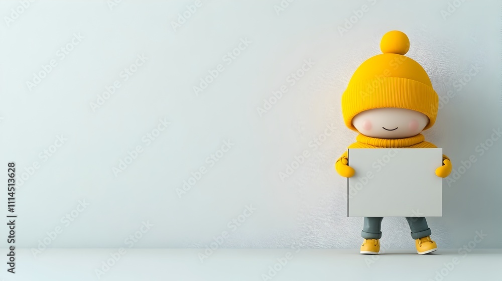 Poster adorable 3d rendered animated character design with an expressive whimsical pose clutching a plain f