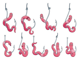 Cute worm characters on hook. Fishing leisure icon set. Funny symbols on fishing hook in cartoon style.  illustration