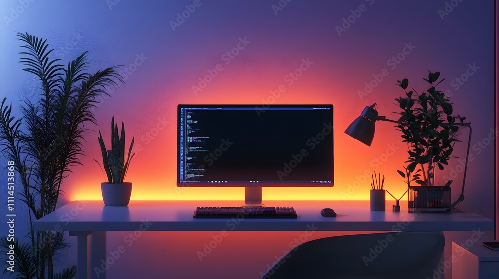 Poster Modern Workspace with Computer and Ambient Lighting in Soft Purple and Orange Hues, Featuring Green Plants and Minimalist Decor Elements for a Cozy and Productive Atmosphere