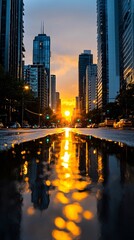 Naklejka premium a beautiful sunrise over a cityscape with skyscrapers and a wet road reflecting the light