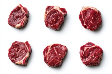 Fototapeta premium Set of top view of raw steaks isolated in white background