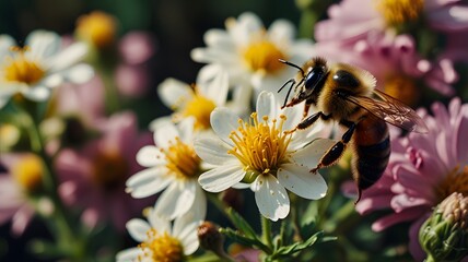 Obraz premium Close up Bees carrying pollen from flowers