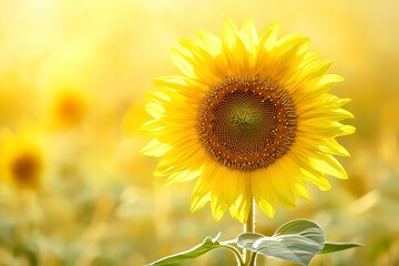 Obraz premium Beautiful Single Sunflower Blooming Against Soft Yellow Background, bloom, flower, nature, petals
