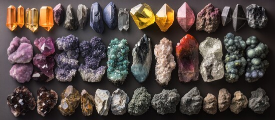 Obraz premium Collection of colorful crystals and minerals on dark background.