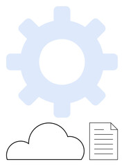 Large blue gear behind a cloud outline and a document icon. Ideal for cloud computing, data storage, technology management, digital document sharing, IT infrastructure, cloud services, business