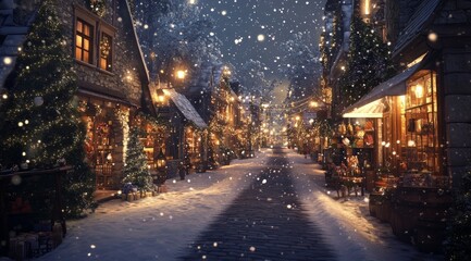 Christmas Theme, A snowy street with a Christmas tree in the foreground