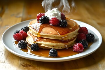 Delicious Pancakes with Berries and Whipped Cream, syrup, breakfast, food, sweet