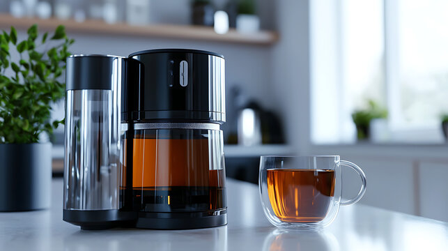 A coffee maker with a glass of tea next to it