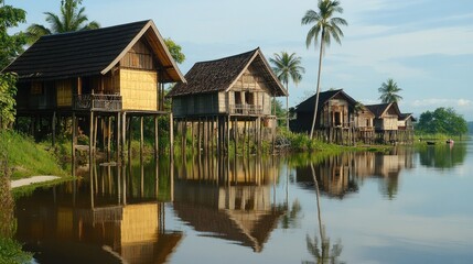 Obraz premium Waterfront Wooden Houses in a Calm Lagoon