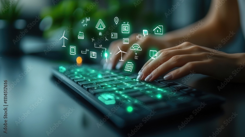 Aufkleber hands typing on a keyboard with digital icons above.