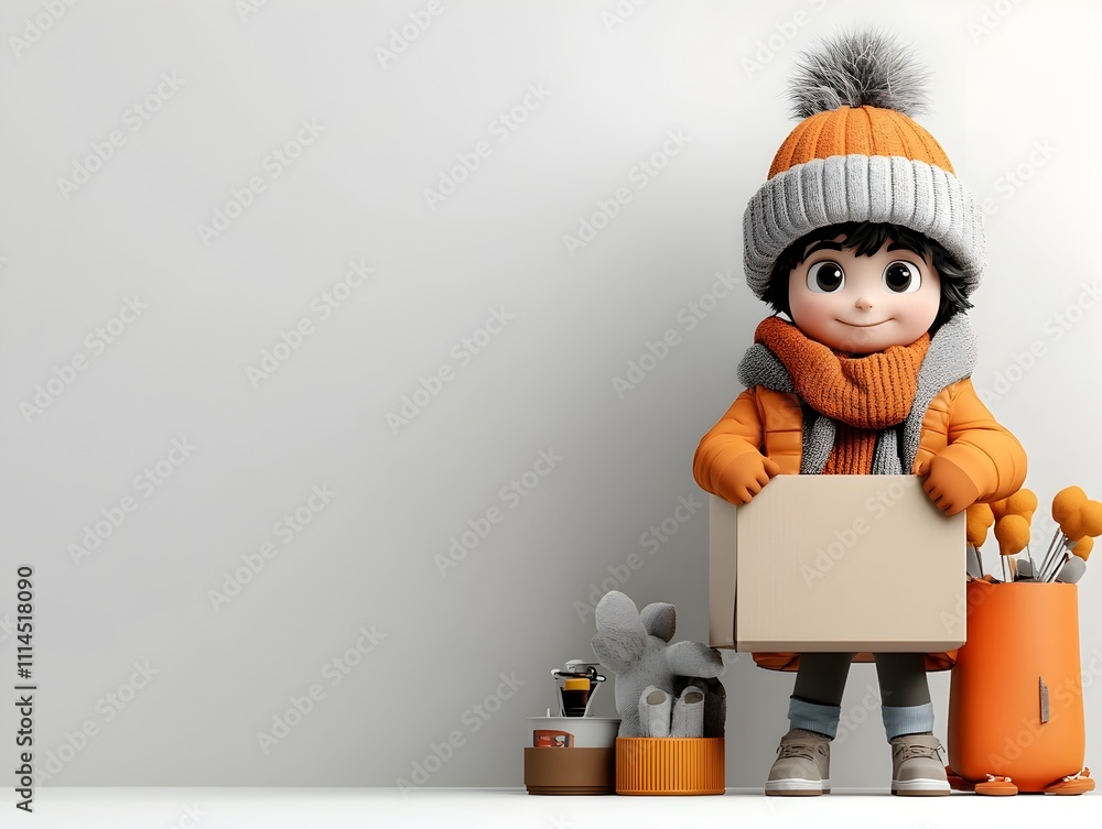 Poster charming animated character embracing a simple cardboard box showcasing a playful and endearing pers