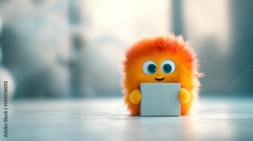 Aufkleber charming animated character clutching a plain four sided cardboard box made with bright colors and p