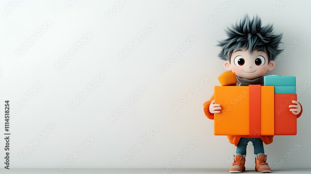 Poster adorable and endearing 3d rendered cartoon character securely holding a vibrant rectangular package 