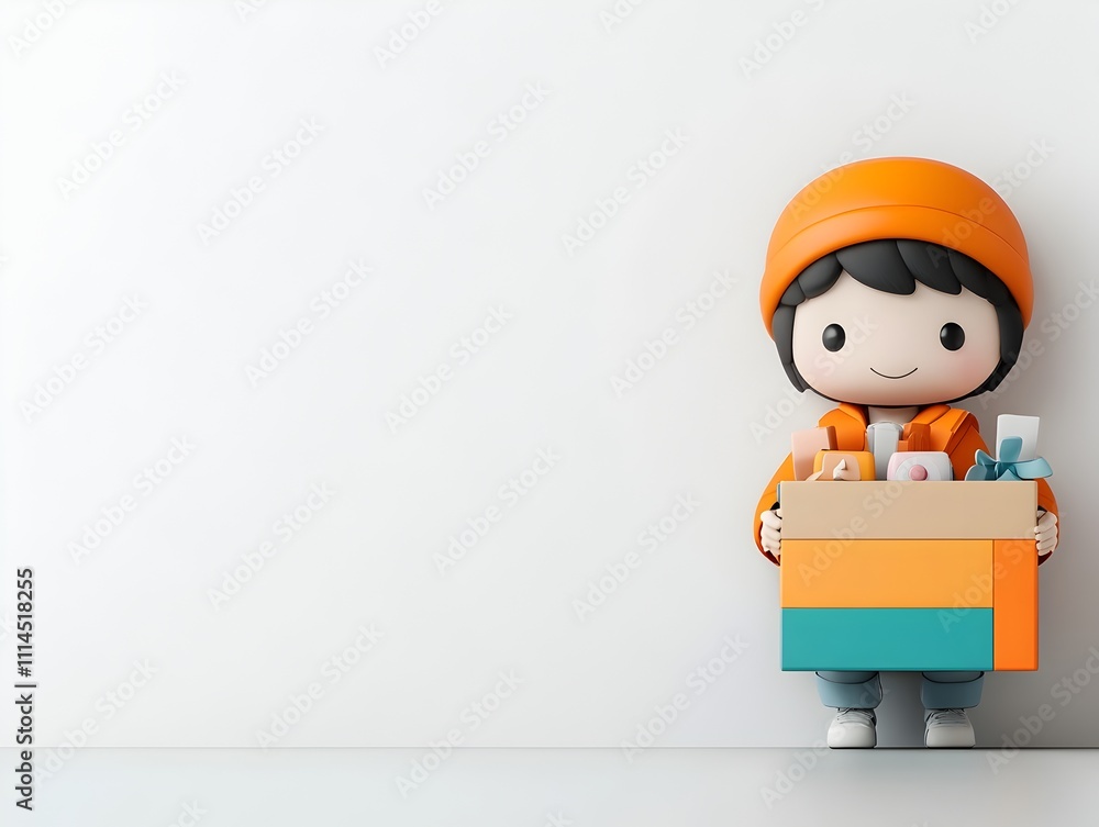 Aufkleber cheerful and endearing animated 3d figure clutching a colorful cardboard box intended for kid s item