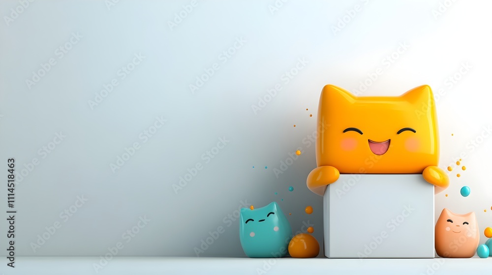 Poster a cheerful expressive 3d cartoon character enthusiastically embracing a plain cubic box in a minimal
