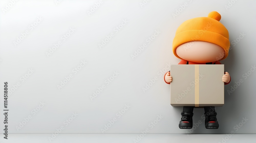 Poster charming 3d rendered cartoon character embracing a simple cardboard box with a whimsical and express