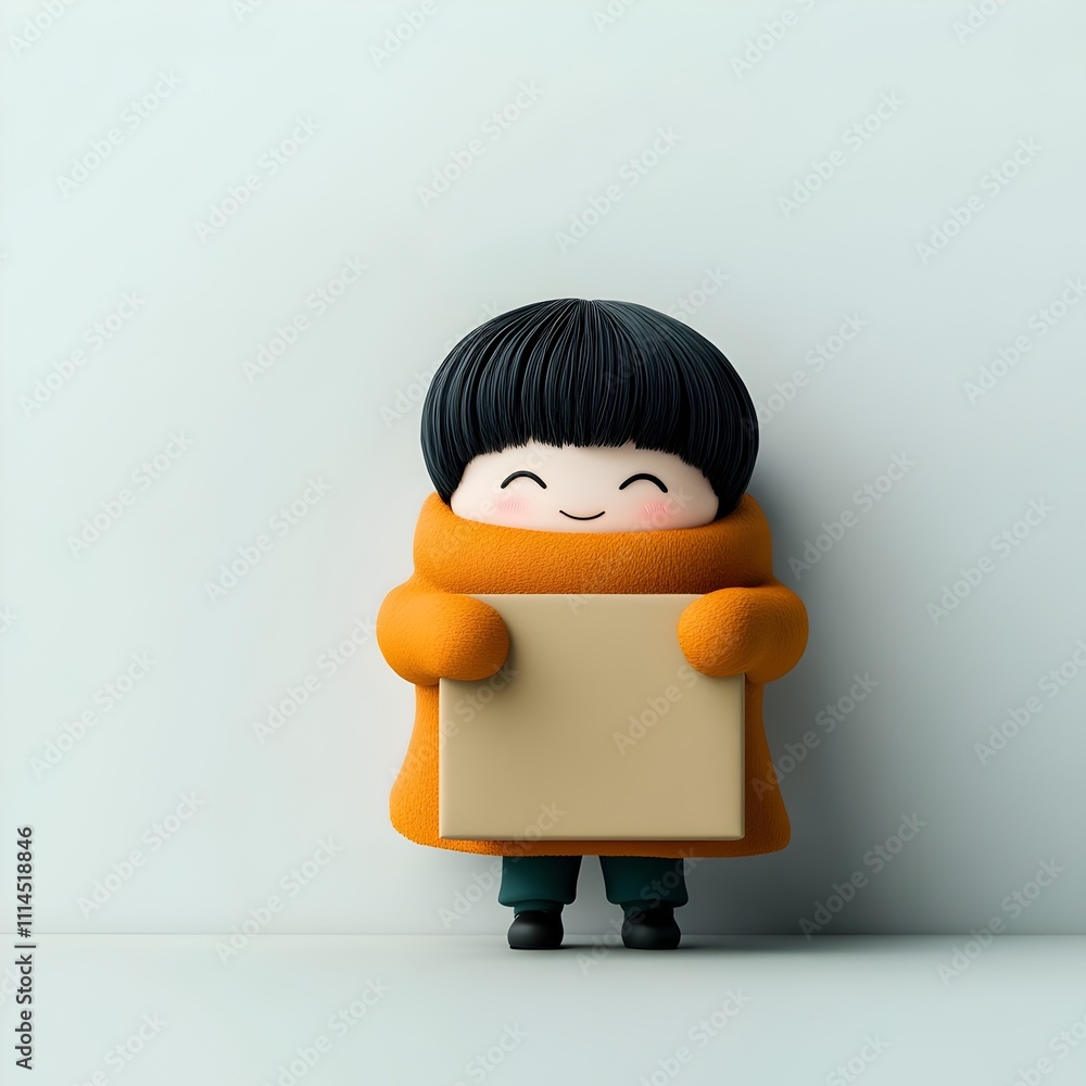 Poster charming 3d rendered cartoon figure tightly clasping a featureless four sided paper box designed for