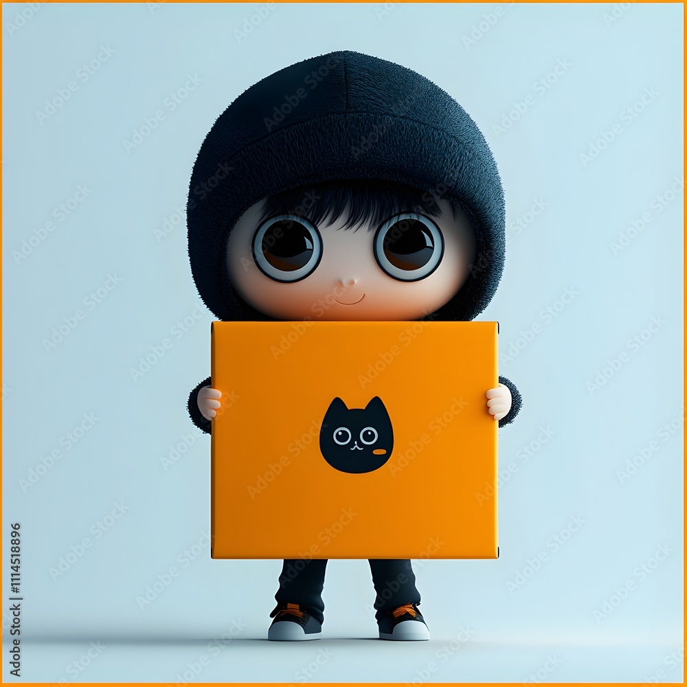 Poster charming 3d rendered cartoon figure tightly clasping a simple featureless four sided paper box desig