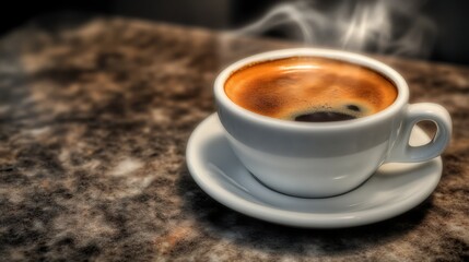 Fototapeta premium Steaming Espresso in White Cup on Dark Surface