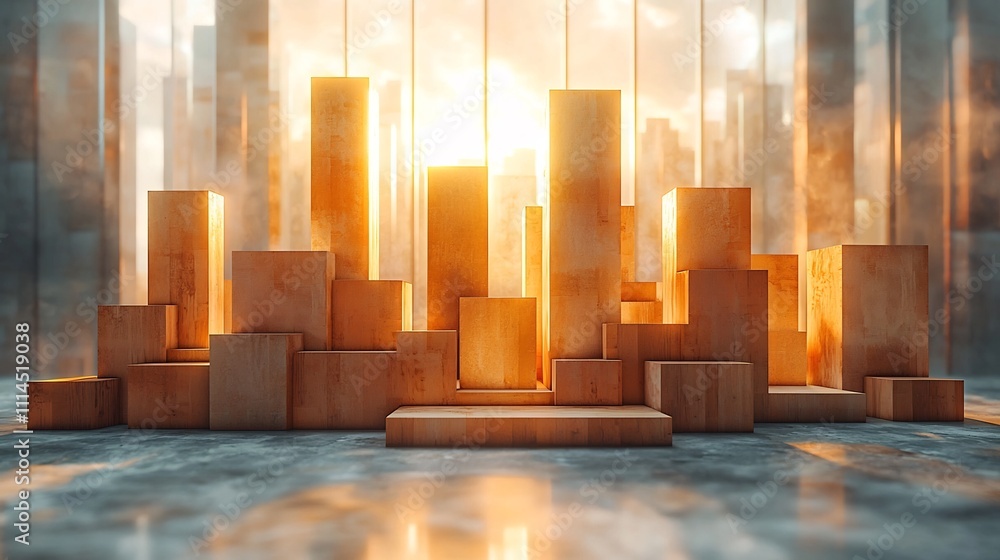 Aufkleber abstract arrangement of wooden building blocks forming a minimalist cityscape design with dramatic l