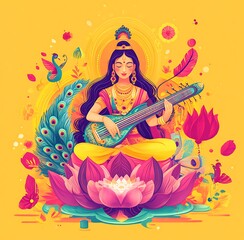 Obraz premium Goddess saraswati sitting on lotus flower with music instrument veena