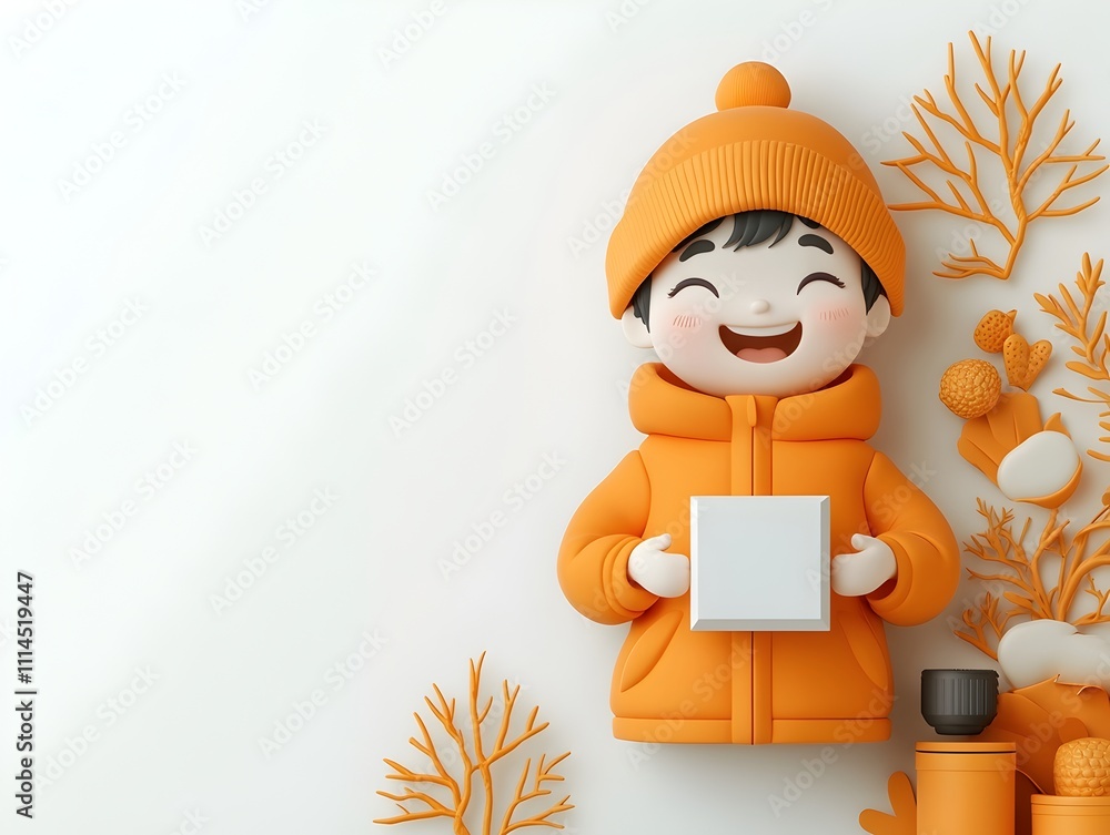Poster a 3d rendered whimsical cartoon character joyfully holding a simple square paper container with exag