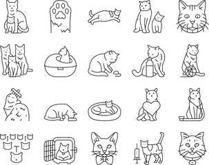 cat breeding genetics cattery icons set vector. pedigree lineage, purebred hybrid, mating selection, traits coat, temperament health cat breeding genetics cattery black contour illustrations