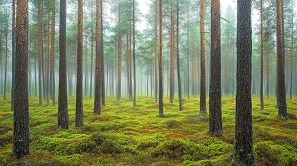 Obraz premium A misty pine forest where the entire ground is covered with a thick layer of green moss, background wallpaper AI generated image