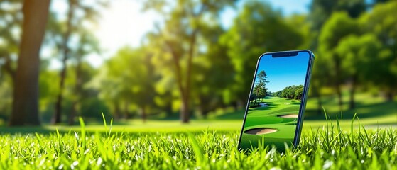Smartphone Displaying Golf Course Landscape in Scenic Park Setting