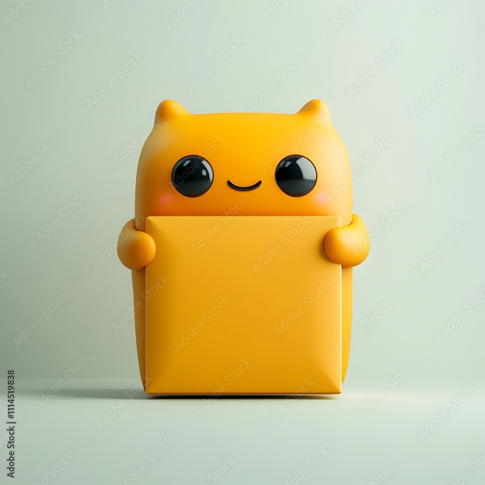 Poster cute and whimsical 3d rendered cartoon character tightly clasping a simple featureless four sided pa