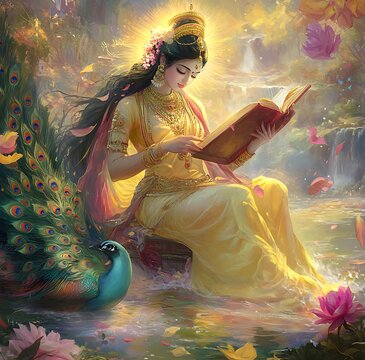 Goddess saraswati sitting on lotus flower with music instrument veena