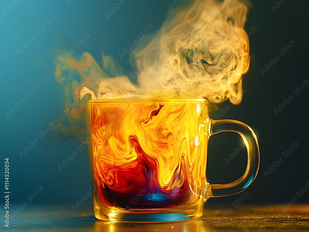 Poster Vibrant Abstract Swirls of Color Emanating from a Hot Drink in a Clear Glass Mug, Creating an Enigmatic and Artistic Representation of Warmth and Inviting Comfort