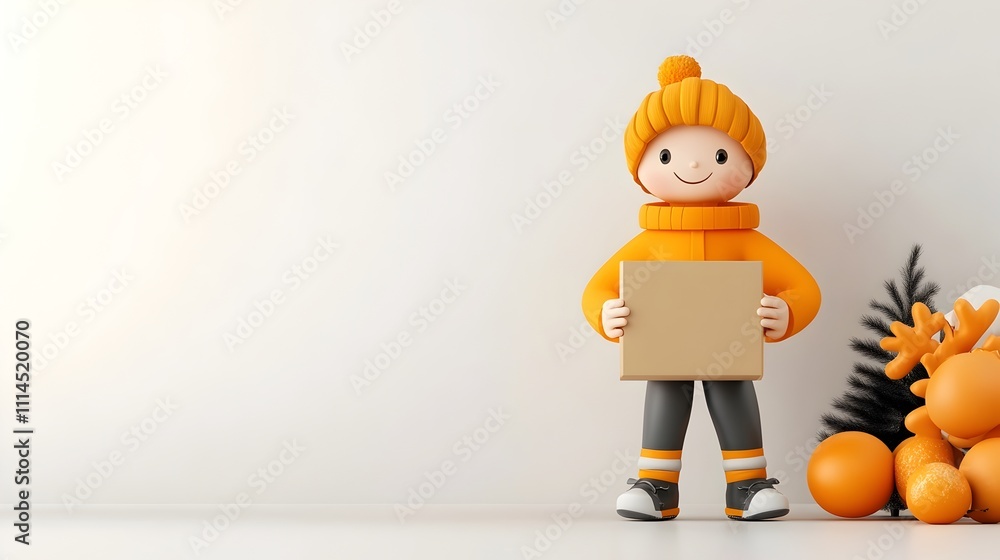 Poster cheerful and expressive cartoon figure holding a simple cardboard box in a pristine white setting wi