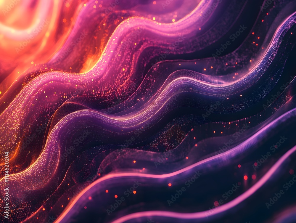 Poster Vibrant Abstract Waves of Light and Color Flowing Through Space with Glowing Particles Creating a Dreamy and Ethereal Background