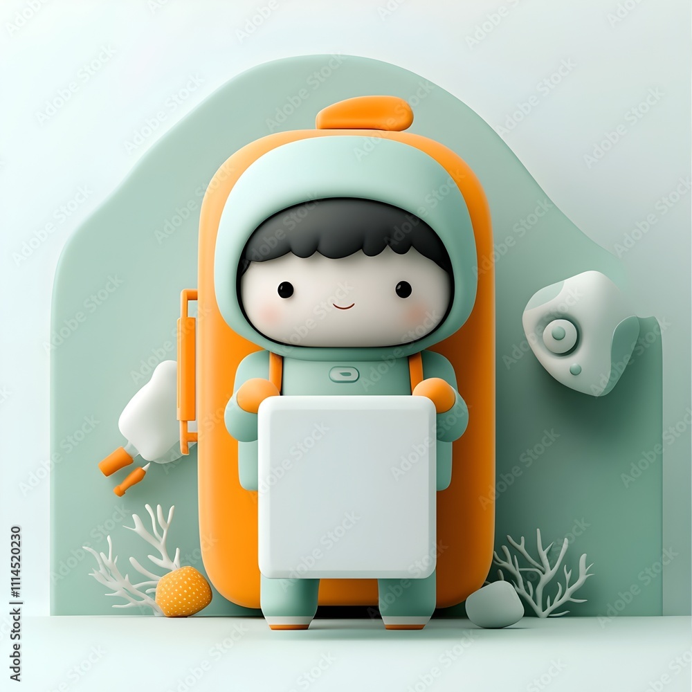 Poster a 3d rendered image of a delightful cartoon figure tightly grasping a generic square paper container