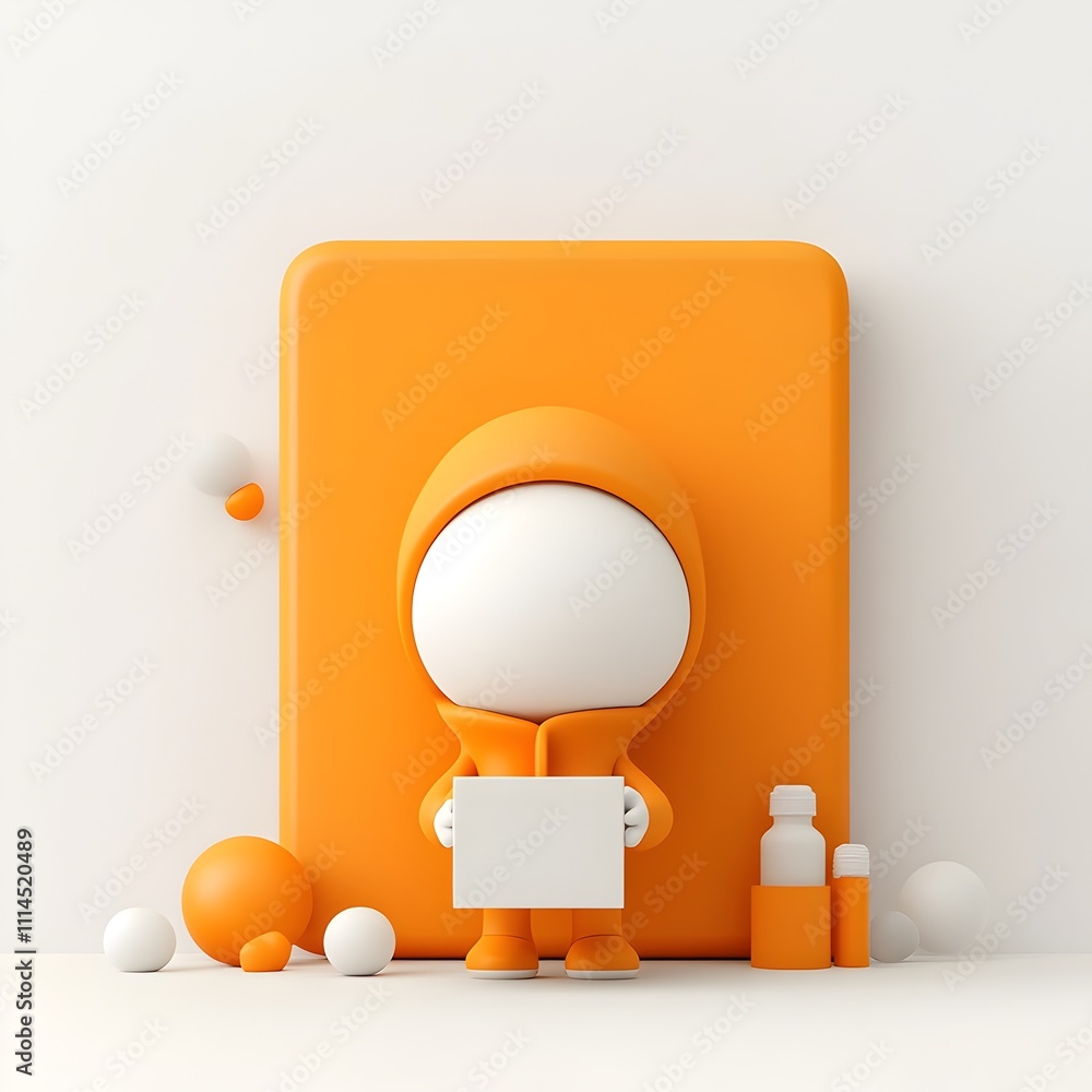 Poster cute and adorable 3d rendered cartoon character securely grasping a generic square paper container o