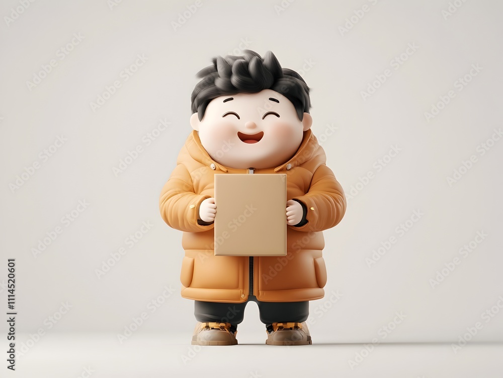 Poster friendly and approachable cartoon figure with warm and inviting demeanor securely gripping an unbran