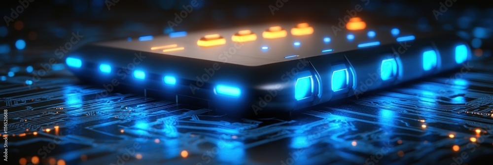 Poster futuristic device with glowing interface elements.
