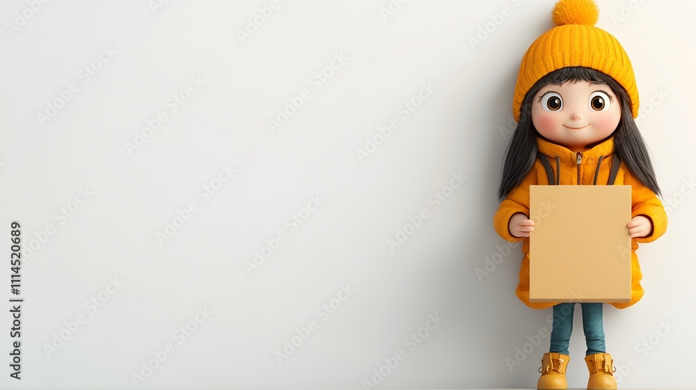 Poster a 3d rendered image of a cute and whimsical animated persona firmly holding an unbranded rectangular
