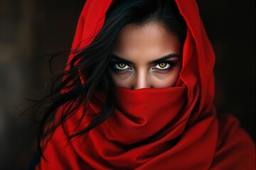 Mysterious Woman in Vibrant Red Hooded Cloak with Striking Eyes