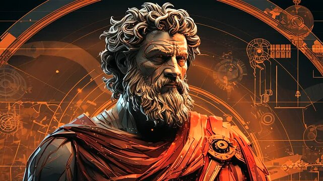 A visual narrative showcasing the journey and teachings of Marcus Aurelius, the renowned Stoic emperor and philosopher, featuring key moments from his life and excerpts from his 