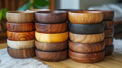 Wooden stacking bowls in an earthy gradient arrangement perfect for Montessori inspired play and home decor  The polished minimal design creates a calming natural aesthetic