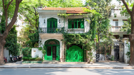 Charming Green Facade of a Vintage House Surrounded by Lush Greenery in a Residential Neighborhood with Trees and Clear Blue Sky